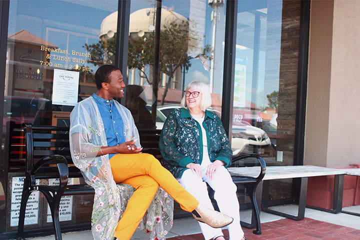 Terrance and Mary sitting on a bench