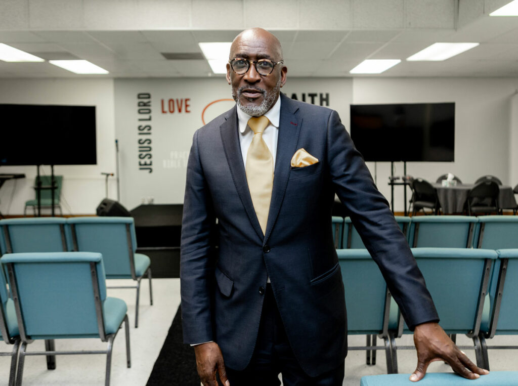 Gary Jones stands in the church where he serves as an assistant pastor