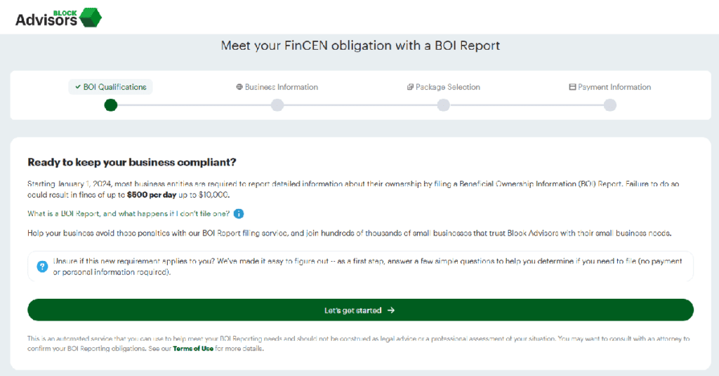 Screenshot of the Beneficial Ownership Report service order page